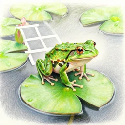 Colored pencil art on paper, A frog hopscotching off a lily pad, highly detailed, artstation, MasterPiece, Award-Winning, Caran d'Ache Luminance