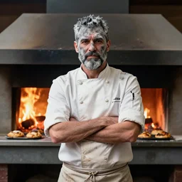 portrait of a proud chef cook covered in ashes, posing in front of oven in fire, burned pastries, high quality picture