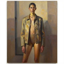 full body portrait in daring femininity, ethnic, realistic face sculpted features, thin and statuesque model, urban outfit with jacket and buckles, warm glow, bathed in light, chiaroscuro, specular highlights, angular impressionism, global illumination, natural color scheme, earthy tones, modern fashion, contemporary art, oil on canvas