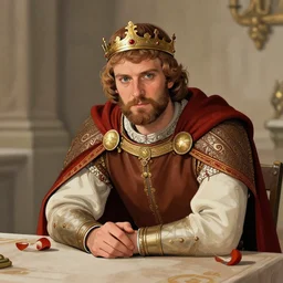 highly detailed, semi - realistic contemporary digital illustration, colored contours, well shaded, portrait of king arthur leaning over a table