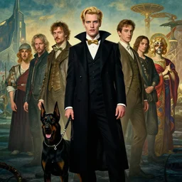 realistic detailed portrait movie shot of an elegant blond male vampire with a doberman on a leash, sci fi landscape background by denis villeneuve, jean deville, amano, yves tanguy, alphonse mucha, max ernst, caravaggio, roger dean, masterpiece, rich moody colours, blue eyes