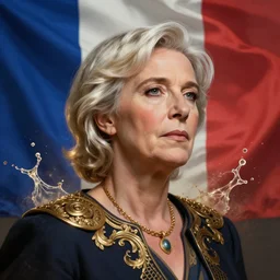 Portrait of Marine le Pen as emperor of France , french flag, amazing splashscreen artwork, splash art, head slightly tilted, natural light, elegant, intricate, fantasy, atmospheric lighting, cinematic, matte painting, by Greg rutkowski