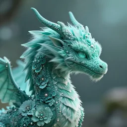 close up profile of a fuzzy, flowery, elegant, kaiju dragon, teal colour palette, bokeh, digital art, alphonse mucha, rhads, ross tran, artstation, artgem, octane render, 1 6 k