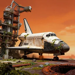 a space shuttle that has been abandoned on the launch pad and is being overtaken by moss and vines and rust inspired ilm, beeple, star citizen halo, mass effect, starship troopers, elysium, iron smelting pits, high tech industrial, warm saturated colours