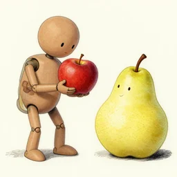a humanoid apple talking to a humanoid pear, drawn by daniel jonston