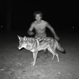 bad quality blurry nightfootage nightcam black and white trailcam footage of native weird distorted Man male human body Skinwalker transforming into a coyote, low resolution, compressed