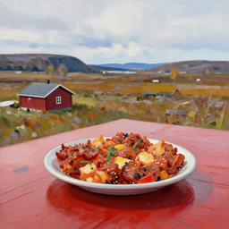 robust landscapes, rounded brushstrokes, mixed art media, food photography on a cherry wood table in the middle of nowhere in Scandinavia, high quality,