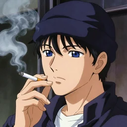Retro anime drawing of a man smoking a cigarette by yusuke nakamura, smoke, beanie, navy blue eyes, saturated color