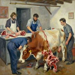 a butcher shop, a cow is the slaughtering the humans, painting, expressionist