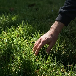 a adult touching grass