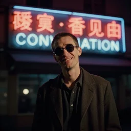 orientalist portrait of a slender man with short hair and rounded sunglasses, smiles in despair, atmospheric and obscure, standing outside the cereal convention neon sign, by roger deakins, cinematography, syd mead, phil hale, 5 0 mm