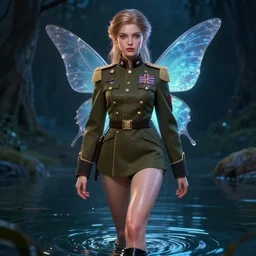 portrait of a fairy dressed in military clothes walking on water, stylised military clothes, shiny skin, beautiful eyes, beautiful, small details, night setting, realistic poster with volumetric light from craig mallism, artgerm, jeremy lipkin and michael garmash, unreal engine, radiant light, detailed and complex environment, digital art, trends at art station, a masterpiece