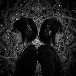 two lesbian anime girls wearing headphones, esoteric fractal mandelbrot background, dark and gothic, intricate, somber, in the style of desmond paul henry, opengl, stylized, japanese, artstation, stunning, highly detailed, noisy and glitched, amazing composition, 4 k