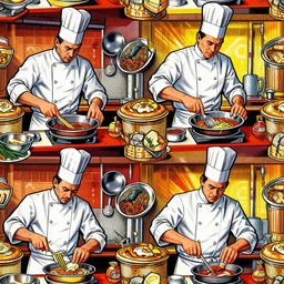 a seamless pattern of photorealistic elaborate and detailed chefs cooking by roy lichtenstein