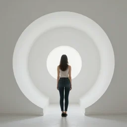 A photograph of a woman standing in a snail-spiral-shaped interior space with her back to the camera， an arched door glowing white at the end, neon colors,F3.5,ISO640,18mm,1/60,Canon EOS 90D.