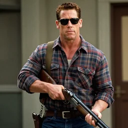 film still of John Cena as Nada wearing a flannel shirt and sunglasses and holding a shotgun with a bandolier in Bank scene in They Live 1988