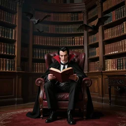 dracula sits alone reading in his massive library, bats, franklin booth