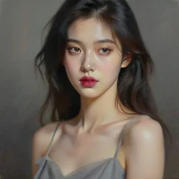 a beautiful young female with grey dress, ombre lips, dark hair, piercing on the nose, oil painting, high detailed face n - 9