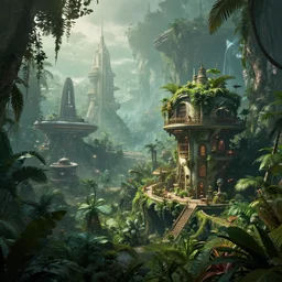 alien colony, house, jungle sifi, station, city, colonization by photo, atmosphere lighting, panoramic, art, living, 4 k, 8 k,