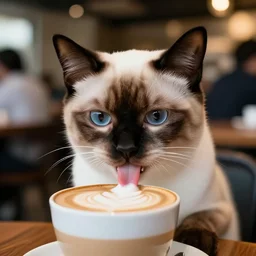 ultra high quality photograph of a extreme cute korat kitten drinking a cappuccino, stick out his little tongue, in crowded cafe, bokeh background, lighting dim, colourized, kodak etkar 1 0 0
