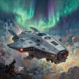 devil spaceship powered by souls, illustration, chaotic, invasion, thanatos, nano hex armor hull, alien starship, aurora borealis on background, disintegration, volumetric lighting, soft lighting, soft details, painting oil on canvas by craig mullins and charlie bowater, octane render, HDR, trending on artstation, 4k, 8k, HD
