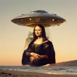 an ufo on top of the weeknd floating by da vinci, digital art, classical painting, sharp focus, sunset beach, 4 k, restored