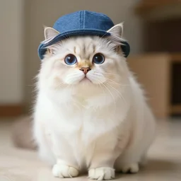 smol fluffy cat wearing smol hat, big round blue cat eyes, fluffy tail, steve hanks, charlie bowater