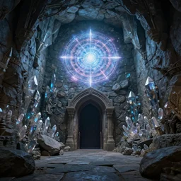 the basement of the magic castle is made of huge stones. at the end is the portal to hell. the wall is inlaid with crystals and the luminous magic circle. narrative lighting, extremely super - detailed, intricate, epic composition, trending on artstation, by sergey vasnev and jan urschel
