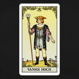 an occult tarot card, the fool who is a madman with a beautiful face, rule of thirds, holding a staff and a white flower, clever design, ornate modern graphic design border, minimal, flat colors, playing card, by hannah hoch and jesse treece and christian jackson and josh brill