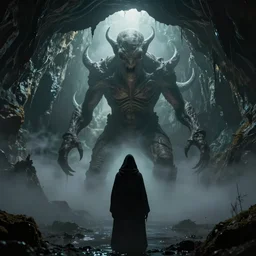 cthulhu!!, in a dim flooded cave, a cloaked figure's silhouette in foreground, low hanging fog, by hp lovecraft, by greg rutkowski, by andree wallin, by zdzislaw beksinski, thalassophobia, very detailed, octane render, cinematic lighting, volumetric lighting, 8 5 mm