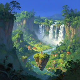 floating rocks idyllic fantasy landscape, indigo sky, lush forests close up vista waterfalls villages, buildings artstation illustration sharp focus sunlit vista painted ruan jia raymond swanland lawrence alma tadema zdzislaw beksinski norman rockwell tom lovell alex malveda greg staples