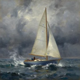 oil painting of a sailboat in a storm