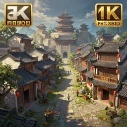 photo cartoon illustration painting of a chinese morden village in 2 0 1 0 s : 6 fantasy, digital painting, unreal engine, 8 k, volumetric lighting, contrast
