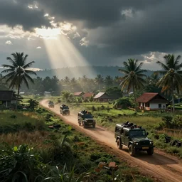 kerala village countryside, militarised vehicles moving through, beautiful dynamic lighting, cinematic, wide angle establishing shot, extremely high detail, photo realistic, cinematic lighting, post processed, artstation, matte painting, style by eddie mendoza, raphael lacoste, alex ross, volumetric lighting, light rays, photorealistic, ultrarealistic, moody, coronarender, 8k