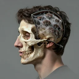 a profile portrait of a man ( ( ( resembling justin trudeau ) ) ) with a zippered opening into skull showing the cranial cavity, zippered opening in skull, inside head cobwebs, dust and rats, digital art, highly detailed