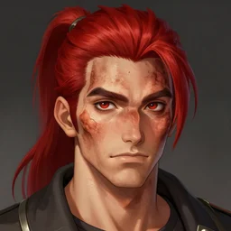 portrait, 30 years old man :: burned face :: red hair ponytail ::  high detail, digital art, RPG, concept art, illustration, Deviantart