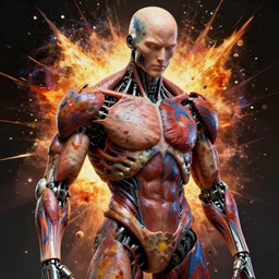 hyper - realistic portrait a robot made of human skin and flesh, covered with veins and muscle, explosions of color paint, celshading, sharp focus, intricate, detailed, by rhads, andreas rocha, makoto shinkai, lois van baarle, ilya kuvshinov and greg rutkowski, by greg rutkowski, dynamic lighting, sharp focus, grunge aesthetic, 4 k