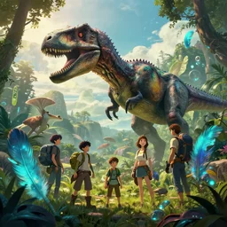 landscape jurassic park world ark evolution earth before time epic digital fantasy beeple style, thomas kincaid hearstone league of legends dofus overwatch concept art, makoto shinkai style, xision, james jean and peter murbacher, studio ghibli, artgerm, karol buck, dan mumford rtx global lighting bioluminescent wool feather