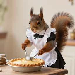 squirrel wearing maid outfit cooking a pie
