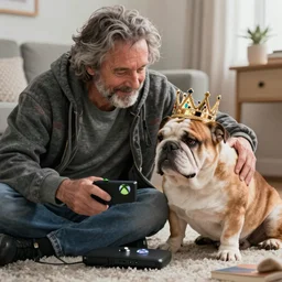 Buddy the graying middle aged homeless man playing xbox and petting an english bulldog wearing a crown, dog wearing a crown