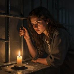 Lupe Fuentesl close to a candle in dark room, prison, dramatic light, highly detailed, digital painting, artstation, concept art
