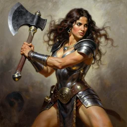 a frank frazetta oil painting of a beautiful muscular salma hayek wearing armor holding a large battle axe, dynamic shot, hd 4 k, intricate, highly detailed, atmospheric, sharp