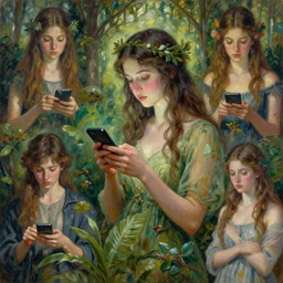 goddess of nature checking her phone, magic realism, art by josephine wall, art by huang guangjian, viktoria gavrilenko, art by amanda sage ( ( ( ( ( ( ( ( ( ( collage ) ) ) ) ) ) ) ) ) )