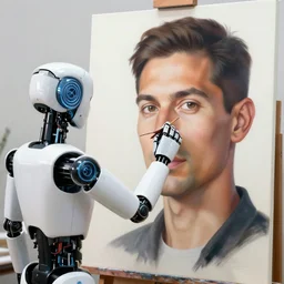 robot artist painting a self - portrait on a canvas. intricate, highly detailed, digital matte painting, in the style of alexandros pyromallis, and in the style of sachin teng, and in the style of hans thoma, and in the style of frank kelly freas. irony, recursion, inspiration.