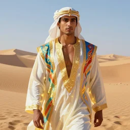 full figure beautiful young fit dark skin man, covered in multicolored arabian fluent clothes, luminous scene, by greg rutkowski and alphonse mucha, d & d character, gradient white to gold, in front of a dune desert background, highly detailed portrait, digital painting, artstation, concept art, smooth, sharp focus illustration, artstation hq