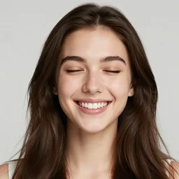 a beautiful girl from minnesota, brunette, joyfully smiling at the camera with her eyes closed. thinner face, irish genes, wearing university of minneapolis coat, perfect nose, morning hour, plane light, portrait, minneapolis as background.