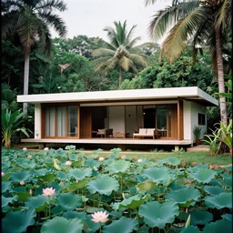 A tropical modern villa in the jungles of goa, near a lotus pond, photograph by Harry Gruyaert, shot on large format film camera, natural light,