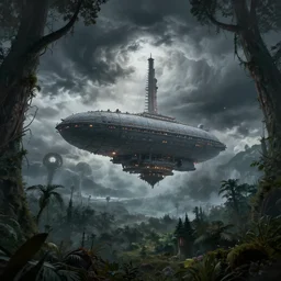 a fractal airship in a alien forest, hurricane, high noon, artstation