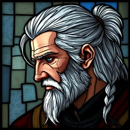 beautiful and detailed portrait of geralt from the witcher 3, profile view, side view, white hair in a half ponytail, stained glass art, by alphone mucha, very masterful