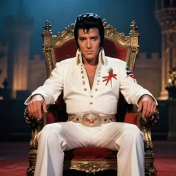 elvis presley sitting on his throne in his castle, atmospheric lighting, artwork by charlie bowater
